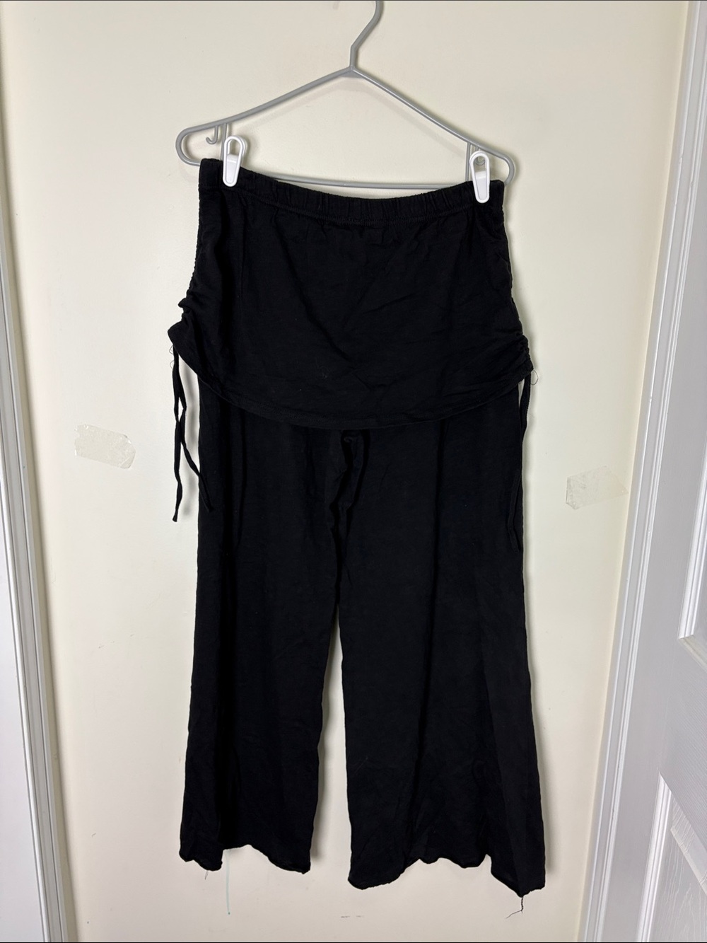 Black Wide-Leg Relaxed Boho Pants with Drawstring Skirt Overlay